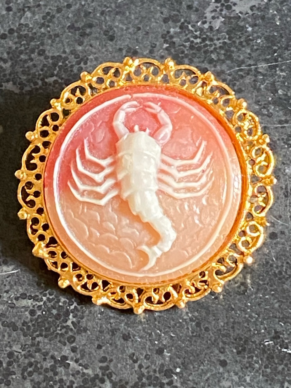 Vintage Scorpio Zodiac Resin Cameo Brooch - Gold Tone Ornate Filigree